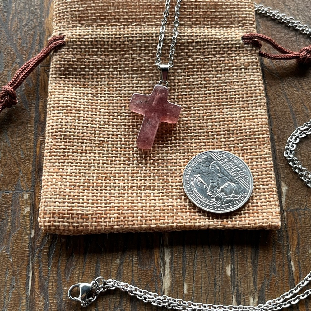Strawberry Quartz Cross Necklace Quartz Necklace Genuine Crystal Necklace - Picture 2 of 3